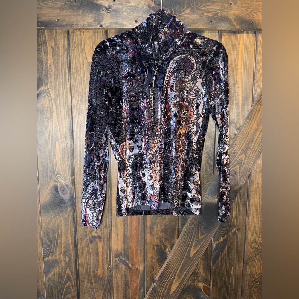 Pure Amici  Velvet Burnout Paisey Patterned Turtleneck Top
